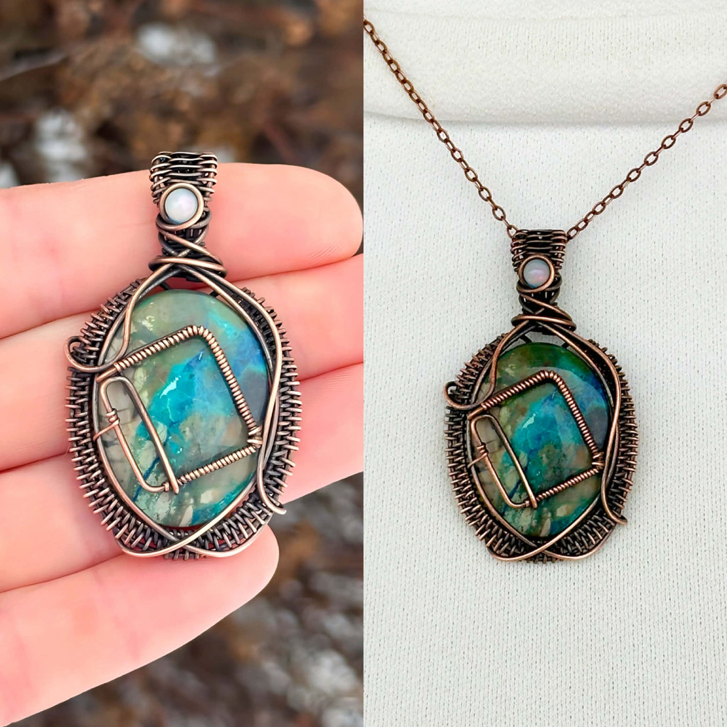 Novel Chrysoprase & Opal Crystal Copper Pendant