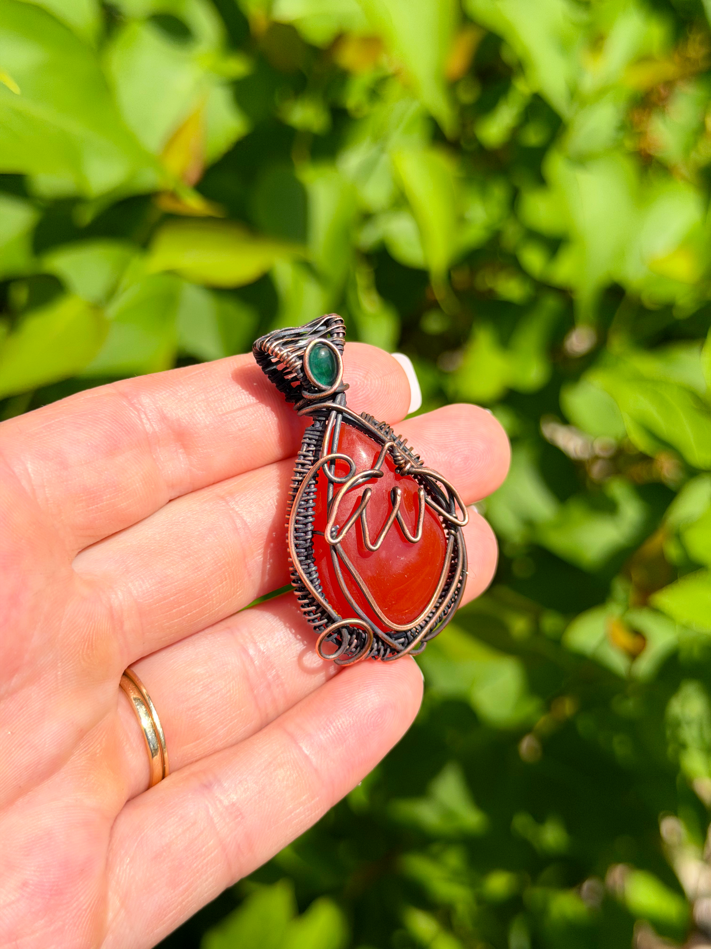 Strawberry Red Onyx with Emerald Accent Crystal Copper Pendant