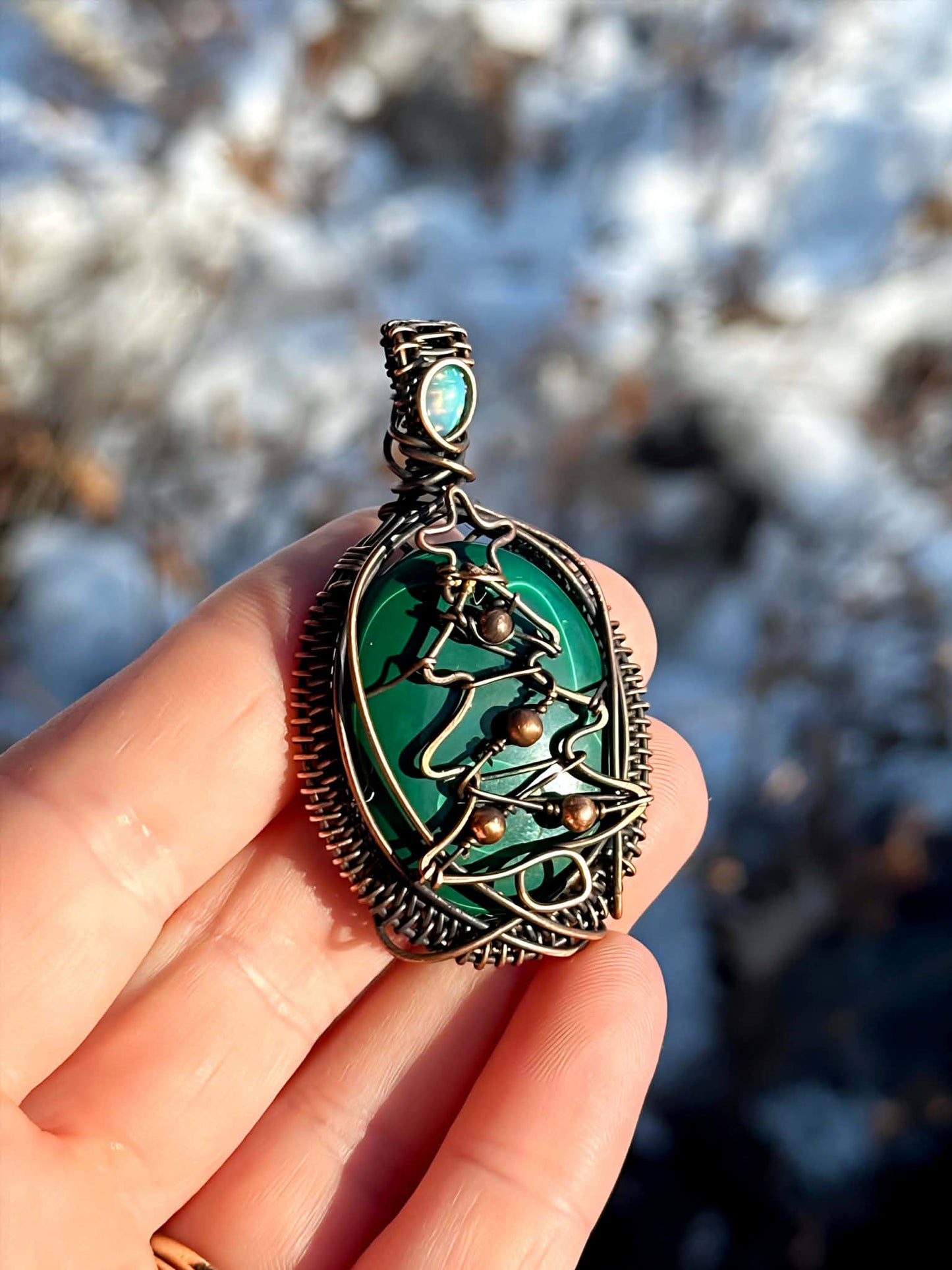 Christmas Tree Malachite & Opal Accent Crystal Copper Pendant