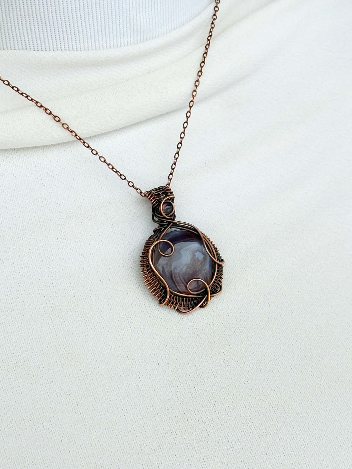 Grey Banded Agate & Clear Quartz Accent Crystal Copper Pendant