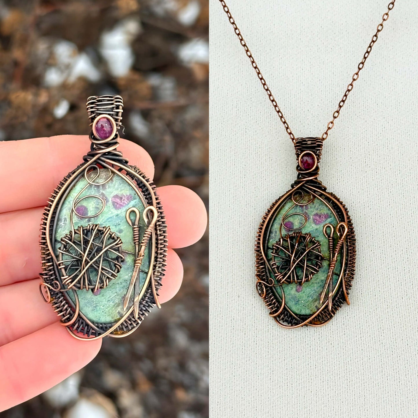 Knitting Ruby Zoisite & Pink Tourmaline Crystal Copper Pendant