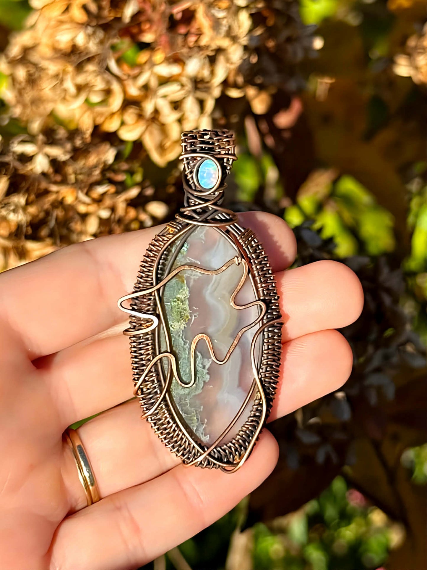 Wolf Moss Agate & Opal Crystal Copper Pendant
