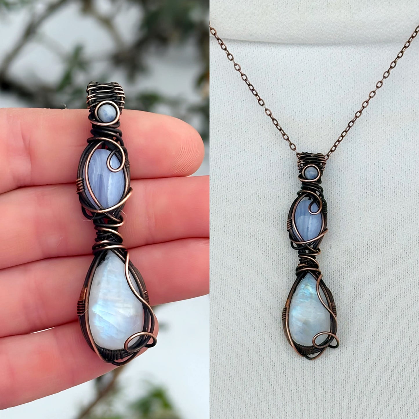 Triple Blue Lace Agate & Rainbow Moonstone with White Jade Accent Crystal Copper Pendant