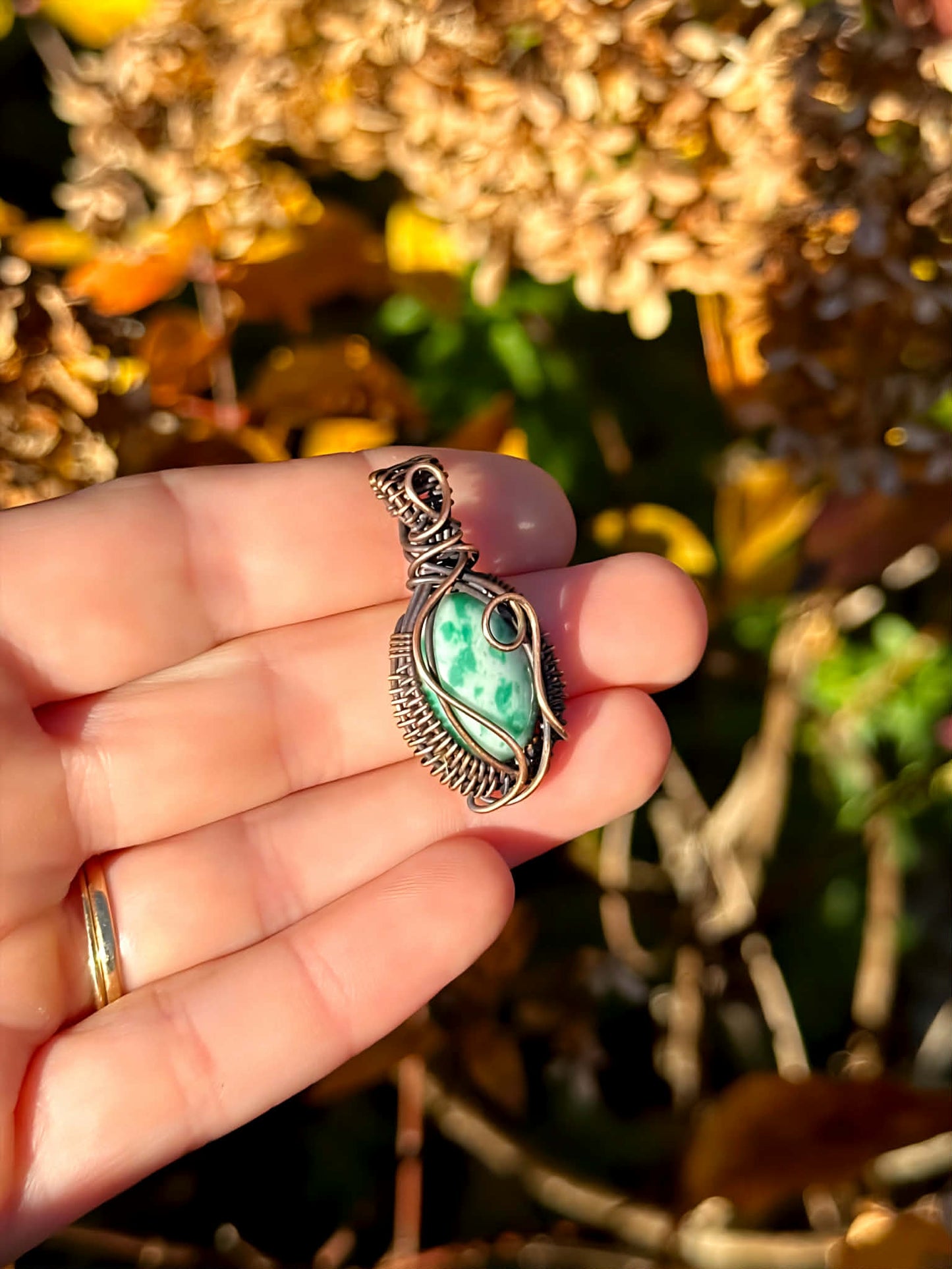 Mini Green Spot Jasper Crystal Copper Pendant