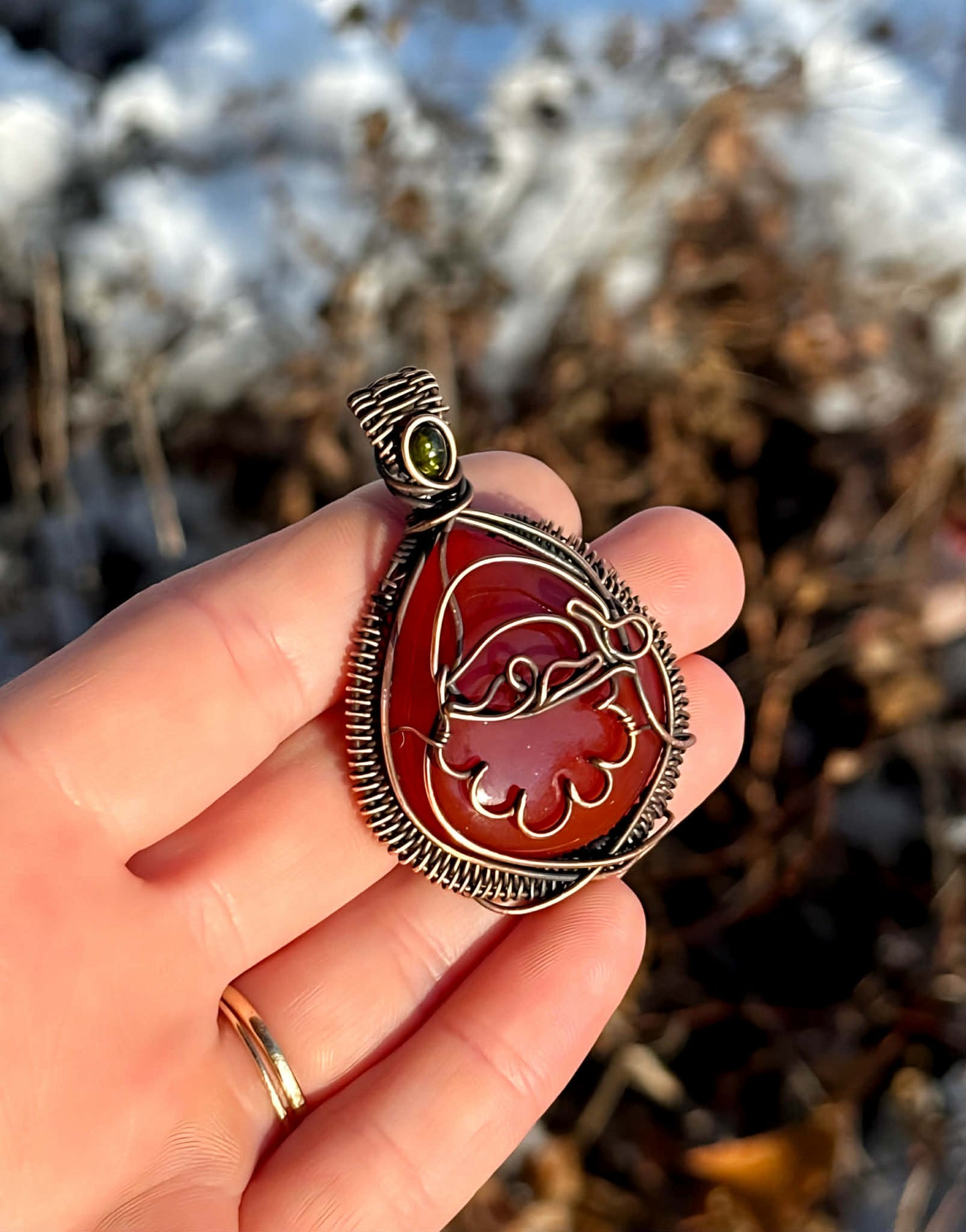 Santa Claus Red Onyx & Green Tourmaline Accent Crystal Copper Pendant