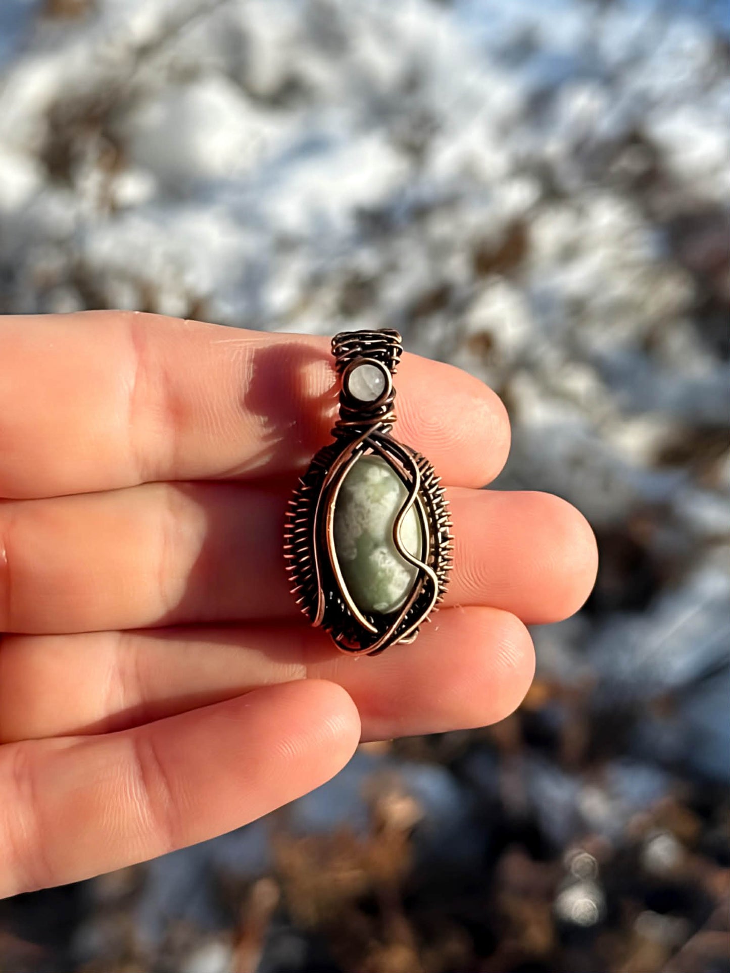 Mini Peace Jade & Clear Quartz Crystal Copper Pendant