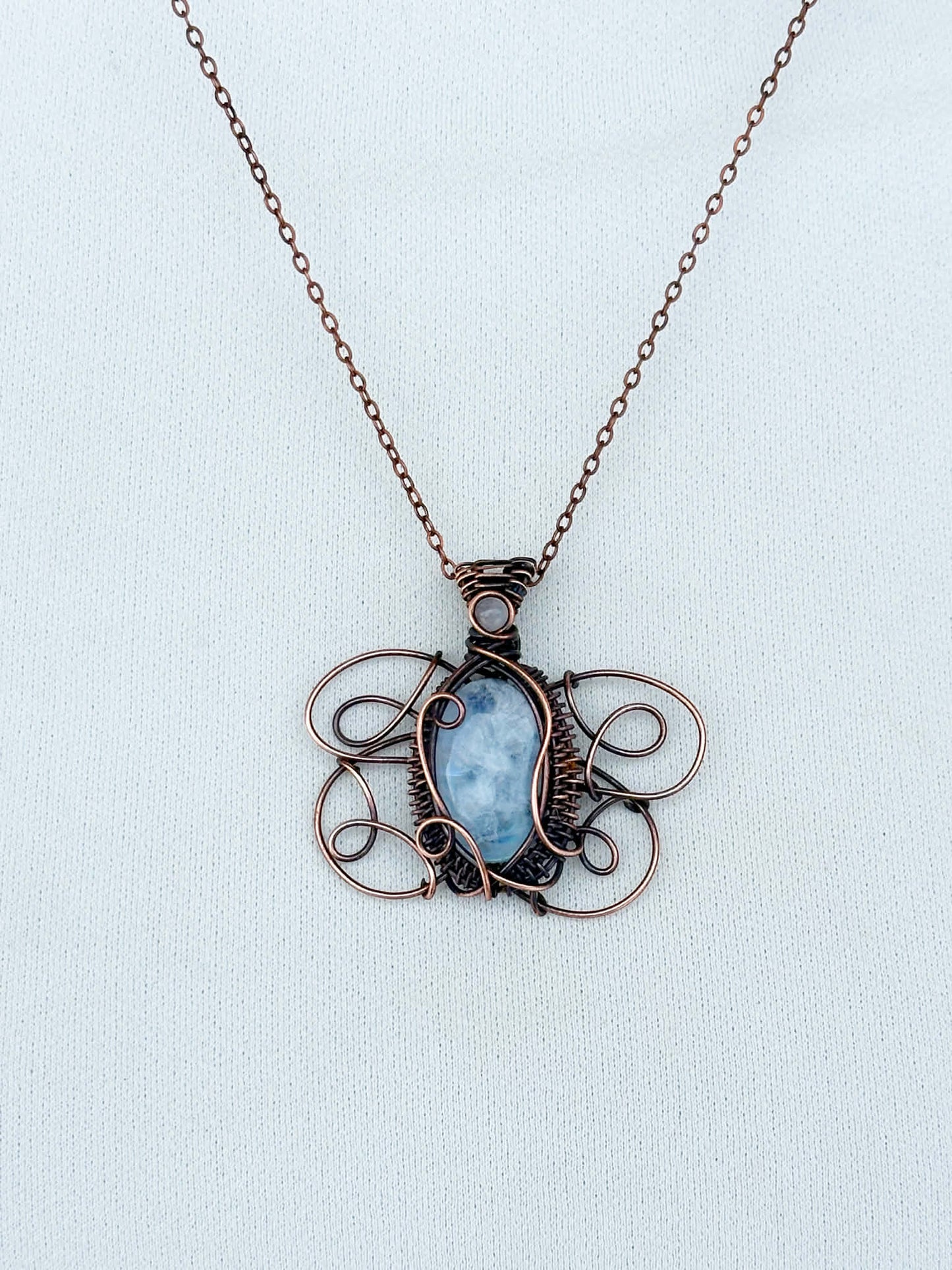 White Ermine Moth Symbol Rainbow Moonstone & Clear Quartz Accent Crystal Copper Pendant
