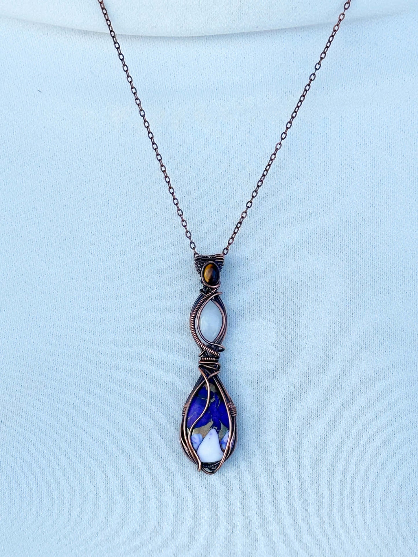 Triple Purple Copper, White Jade & Tiger’s Eye Accent Crystal Copper Pendant