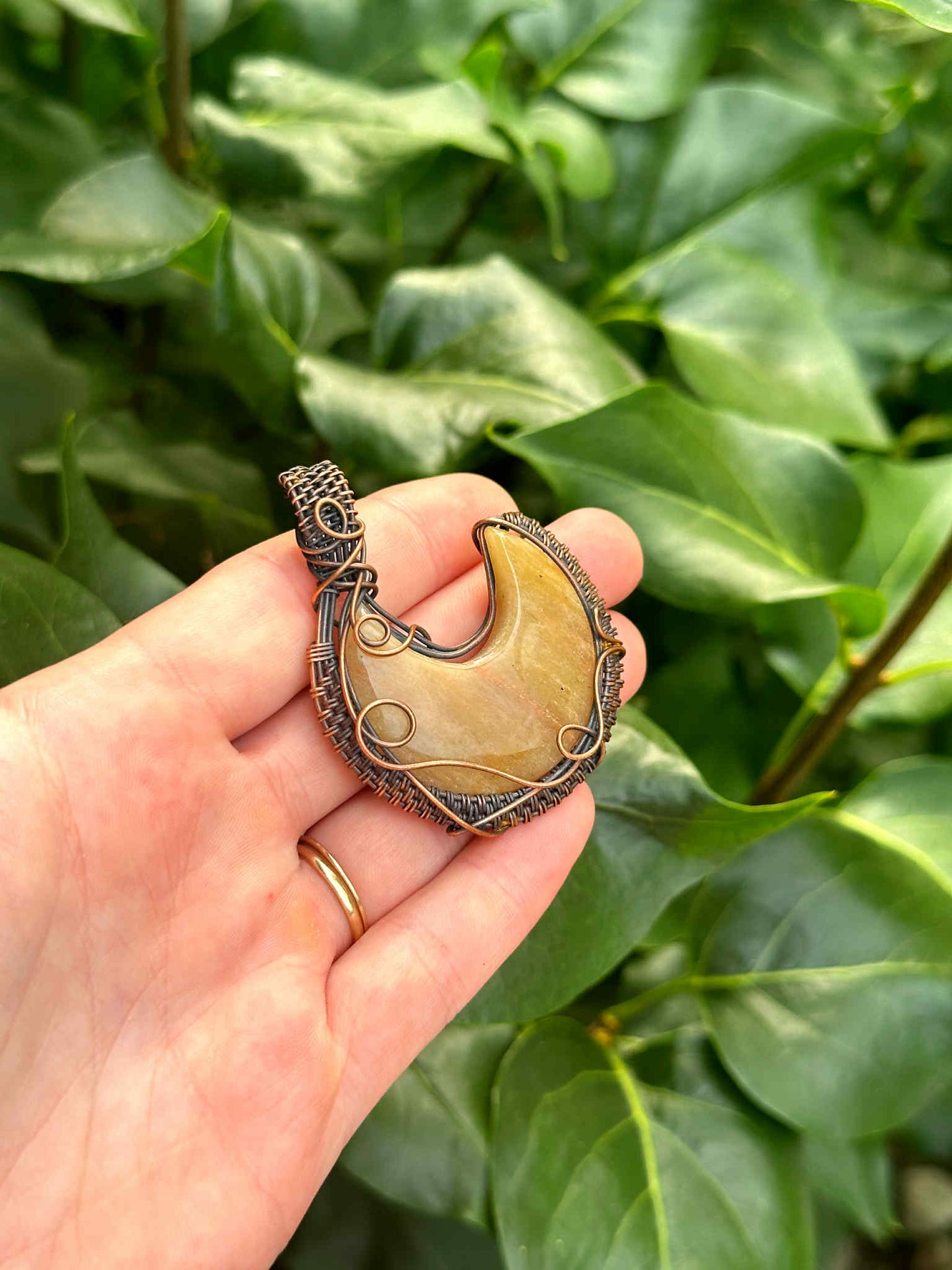 Crescent Moon Chalcedony Crystal Copper Pendant