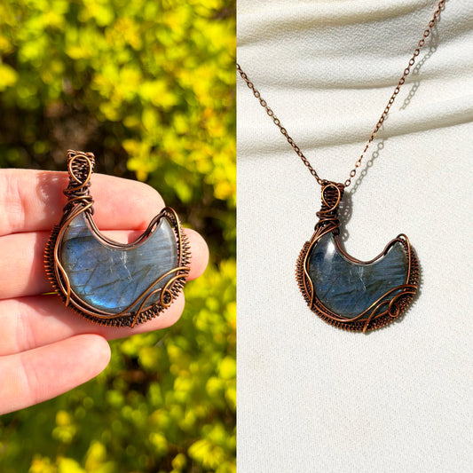 Crescent Moon Blue Labradorite Crystal Copper Pendant