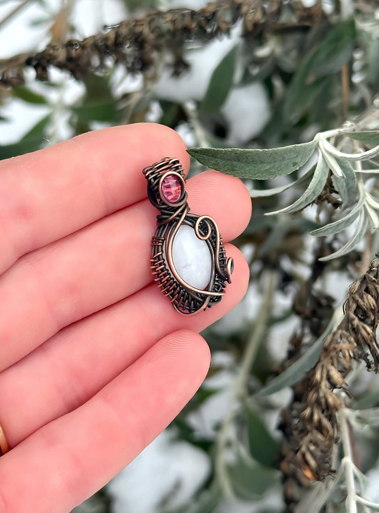Mini White Jade & Tourmaline Accent Crystal Copper Pendant