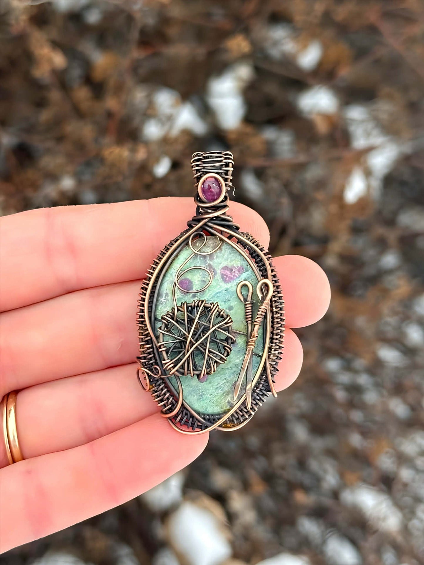 Knitting Ruby Zoisite & Pink Tourmaline Crystal Copper Pendant