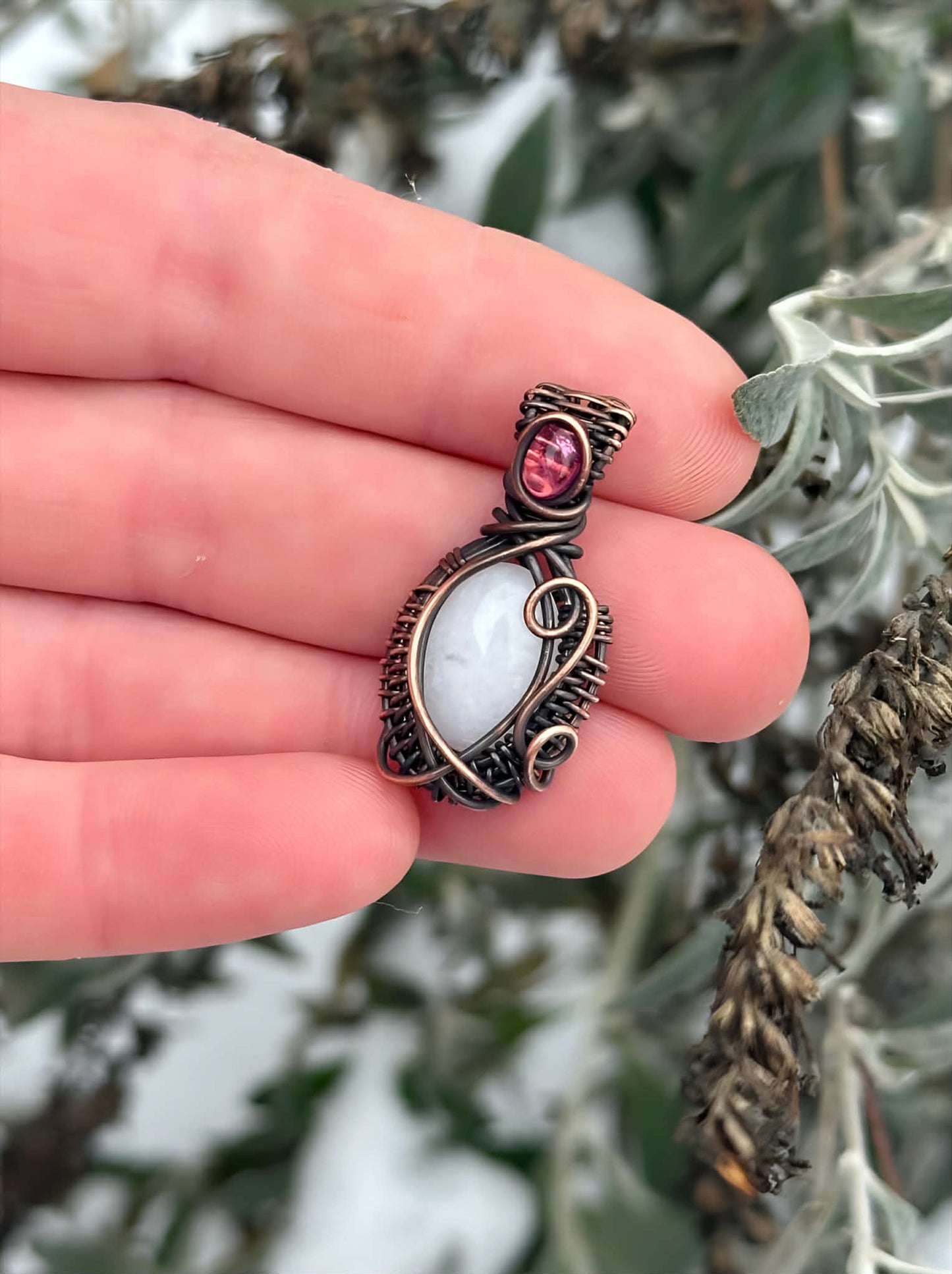 Mini White Jade & Tourmaline Accent Crystal Copper Pendant