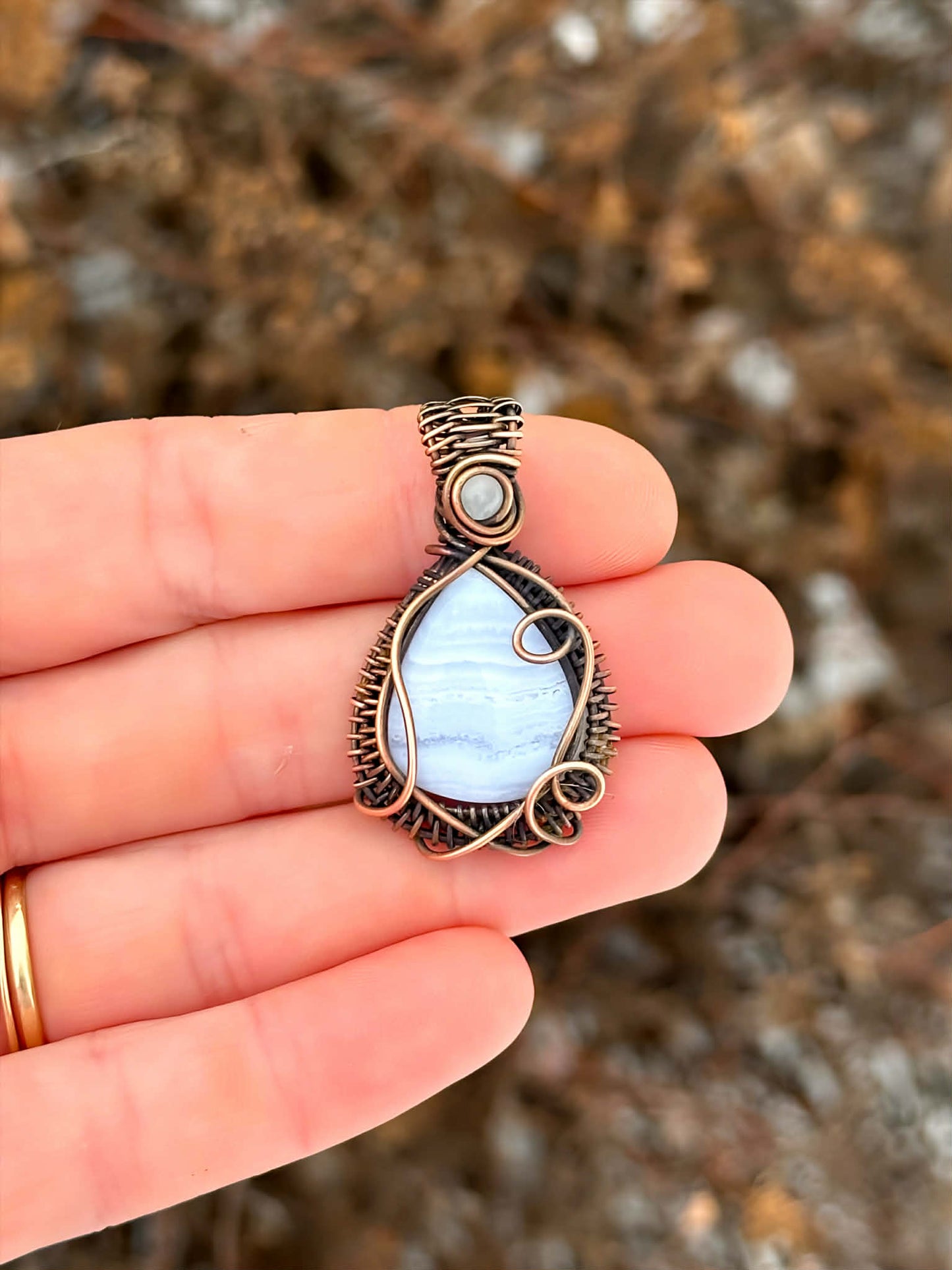 Blue Lace Agate & Clear Quartz Accent Crystal Copper Pendant