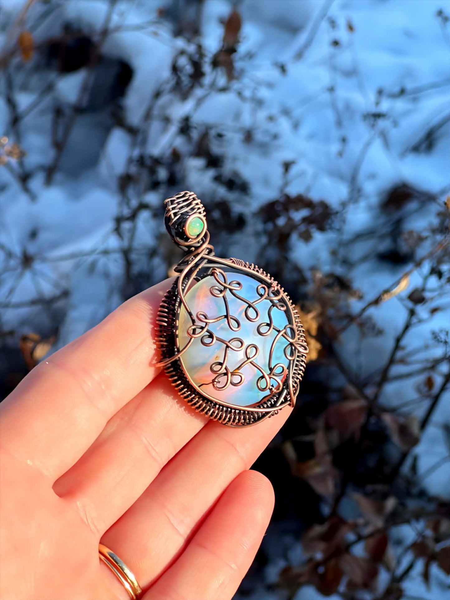 Snowflake Opalite & Opal Crystal Copper Pendant