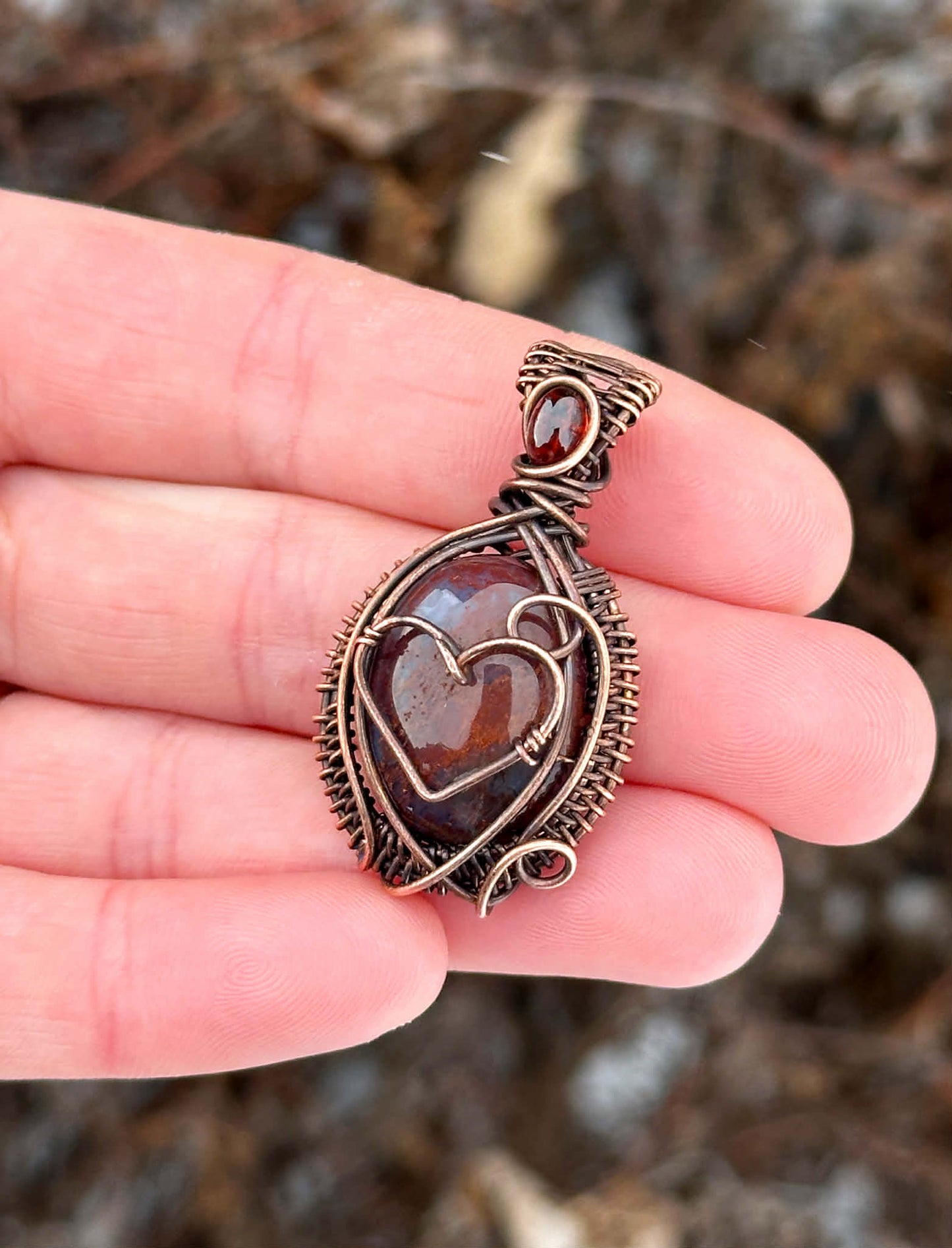 Heart Bloodstone & Garnet Accent Crystal Copper Pendant