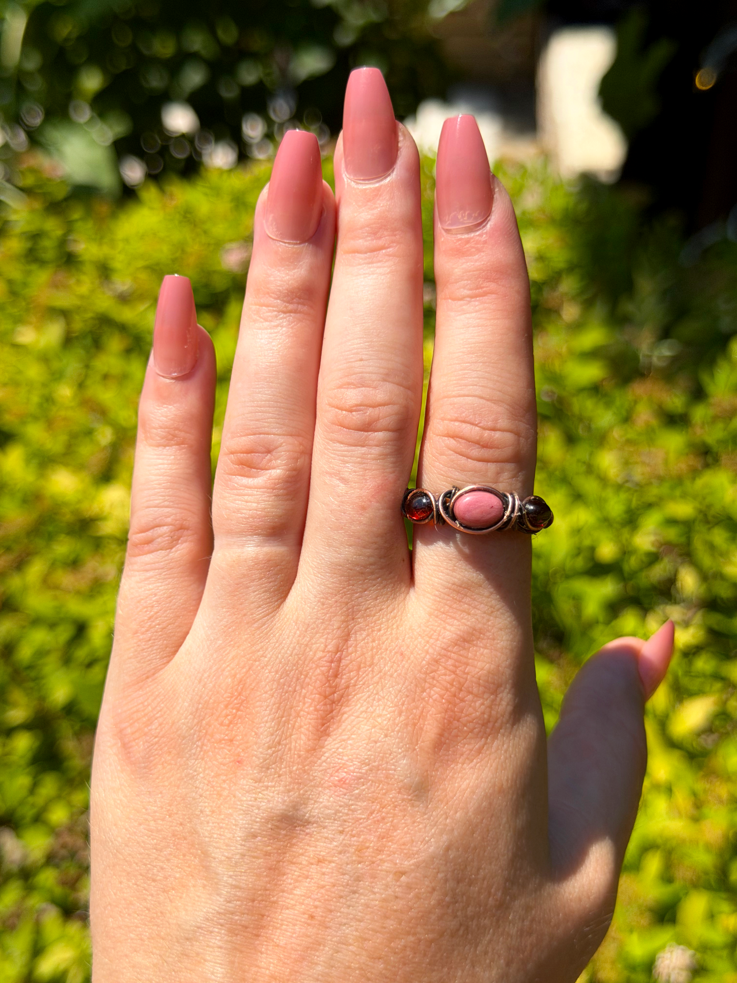Triple Ruby & Rhodonite Crystal Copper Ring