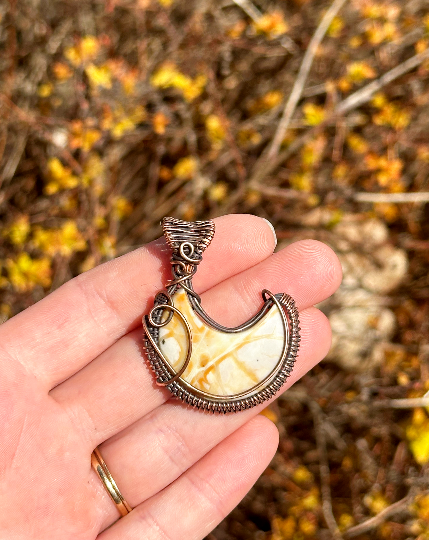 Crescent Moon Picture Jasper Crystal Copper Pendant