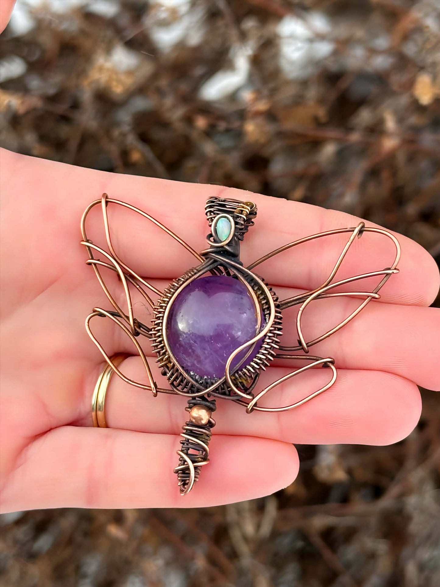 Dragon Fly Lilac Amethyst & Opal Accent Crystal Copper Pendant