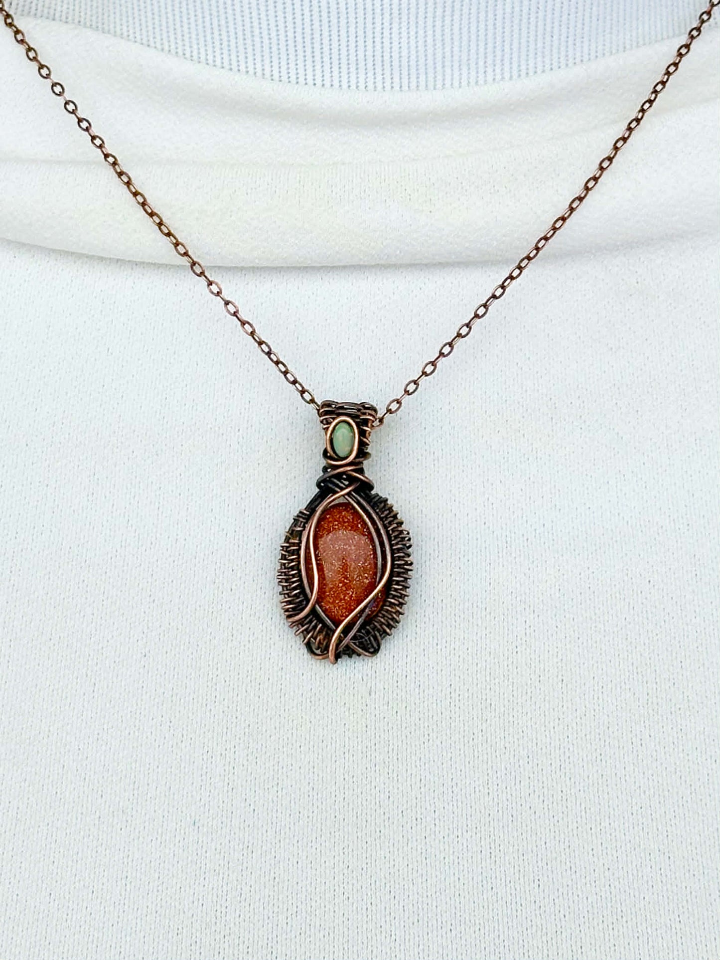 Mini Sunstone & Opal Accent Crystal Copper Pendant