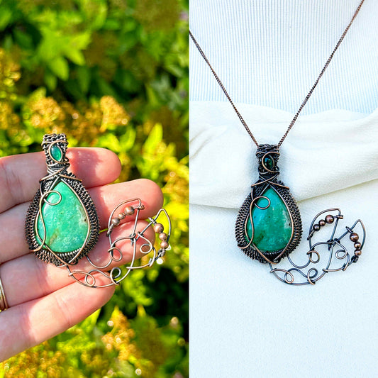 Mermaid Double Chrysoprase & Emerald Crystal Copper Pendant
