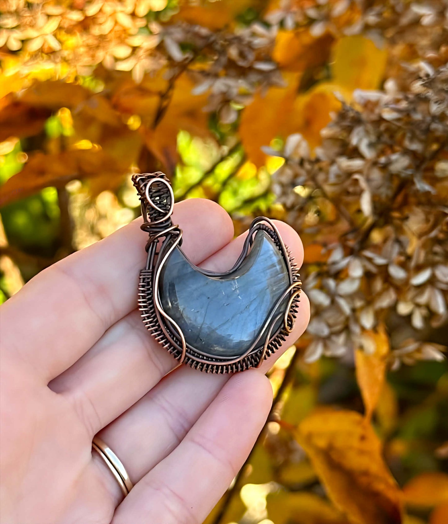 Crescent Moon Blue Labradorite Crystal Copper Pendant