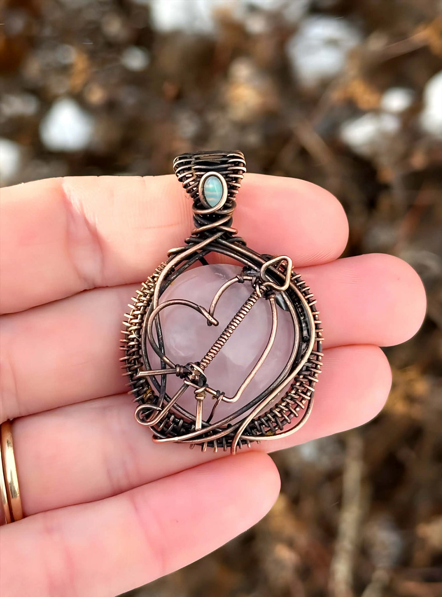 Heart Arrow Symbol Rose Quartz & Opal Accent Crystal Copper Pendant