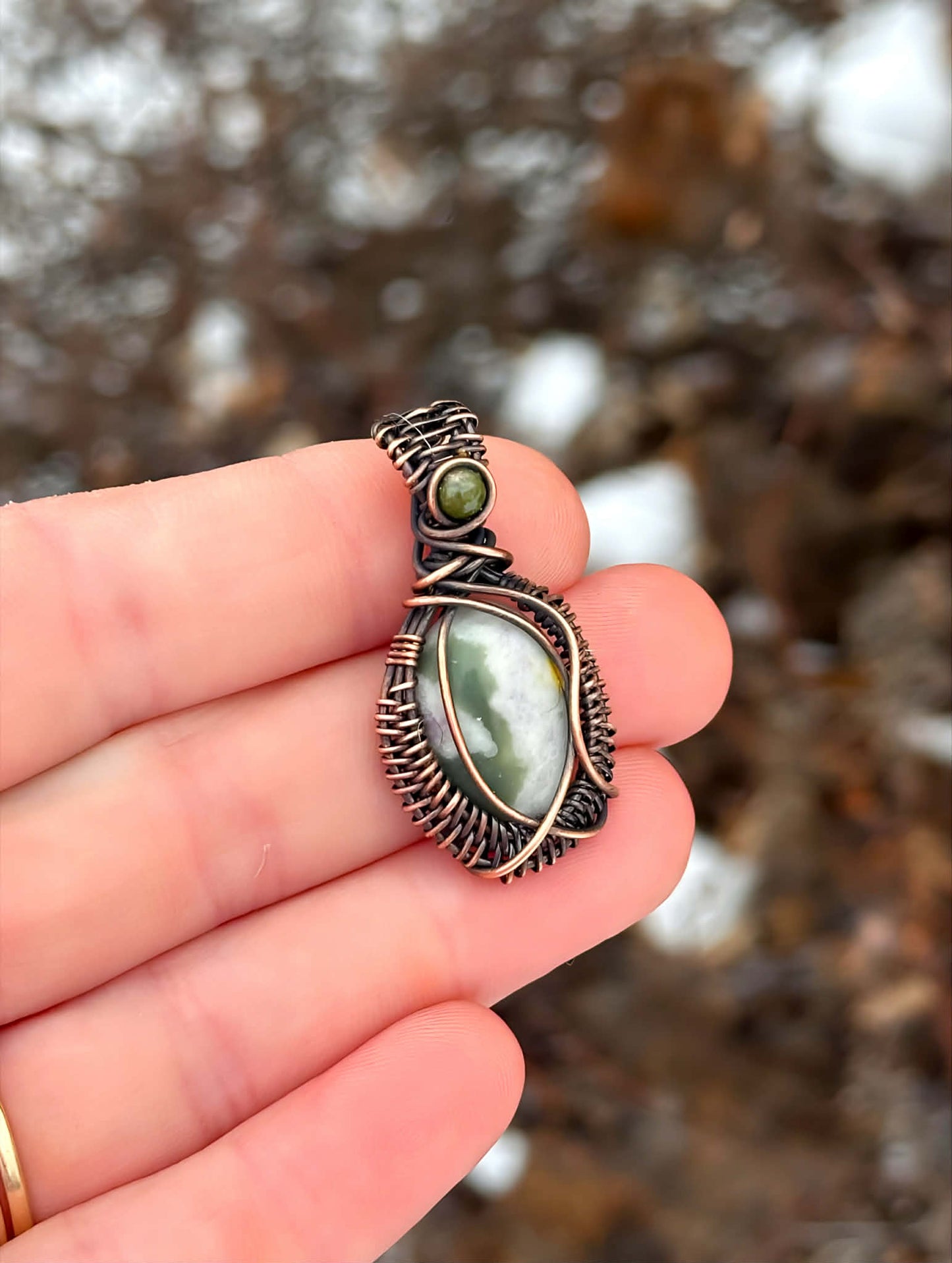 Mini Green Spotted Jasper & Green Aventurine Crystal Copper Pendant
