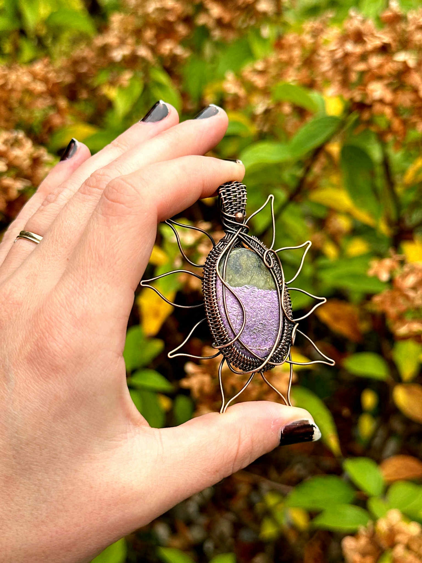 Sunflower Purple Stichtite Crystal Copper Pendant