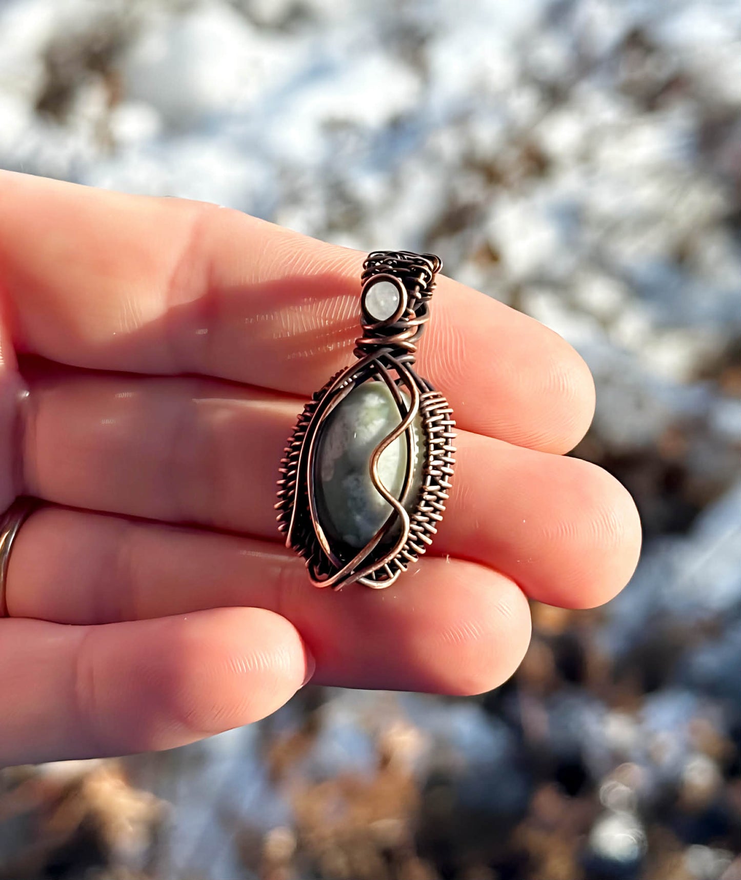 Mini Peace Jade & Clear Quartz Crystal Copper Pendant