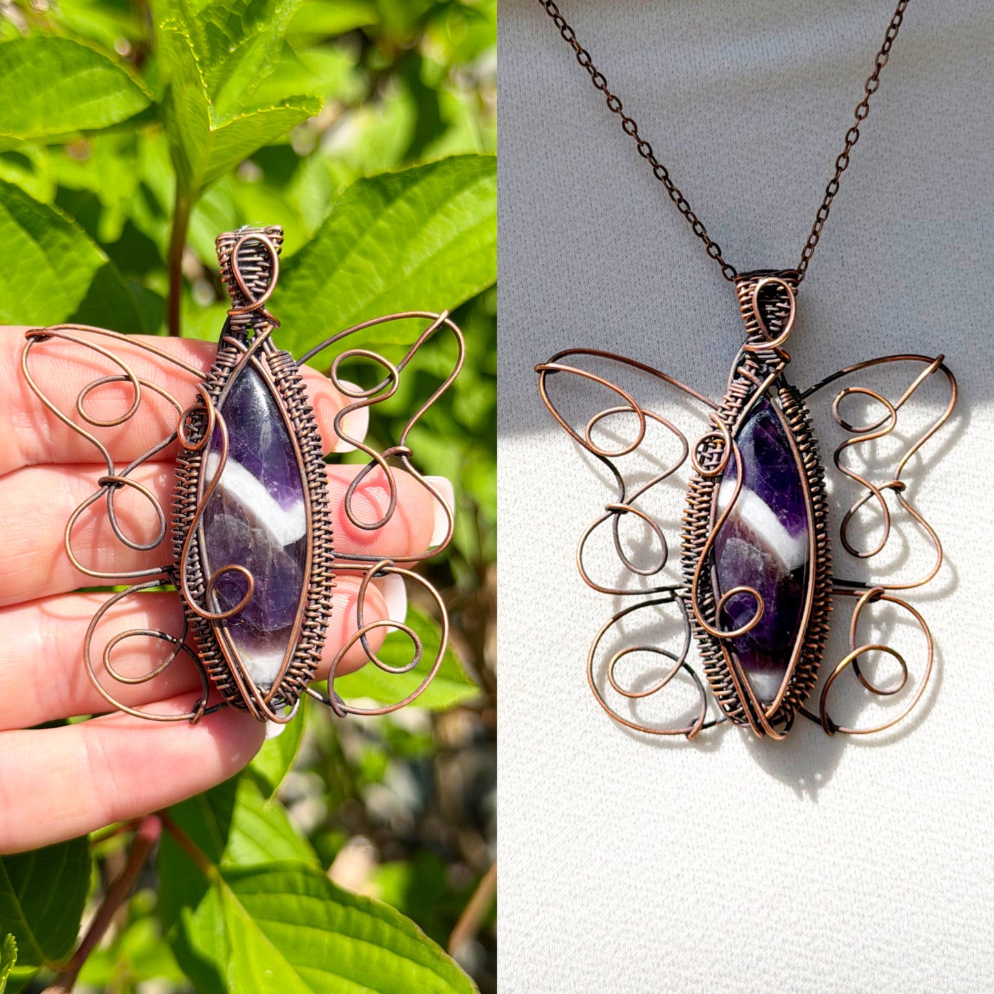 Butterfly Chevron Amethyst Crystal Copper Pendant