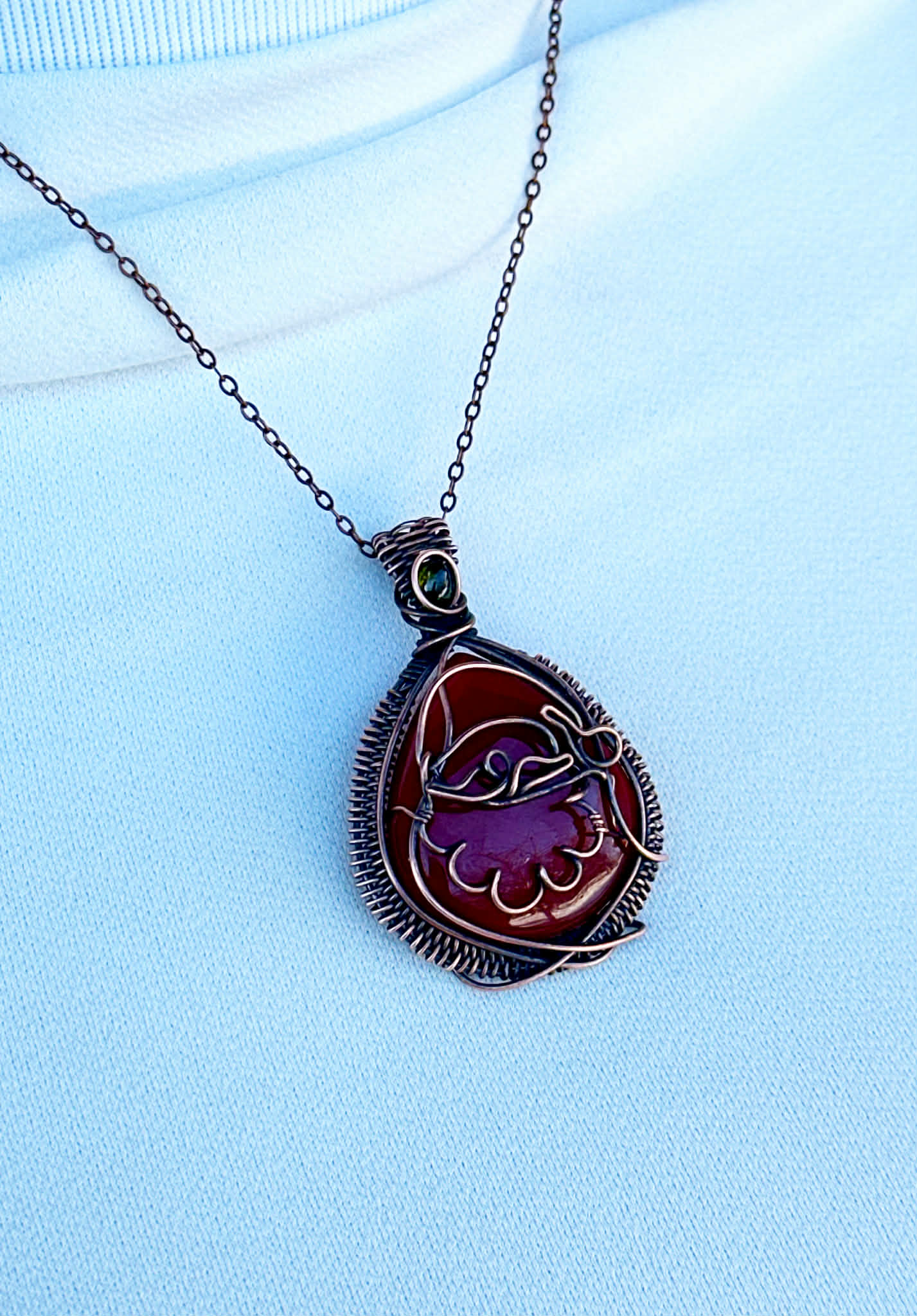 Santa Claus Red Onyx & Green Tourmaline Accent Crystal Copper Pendant