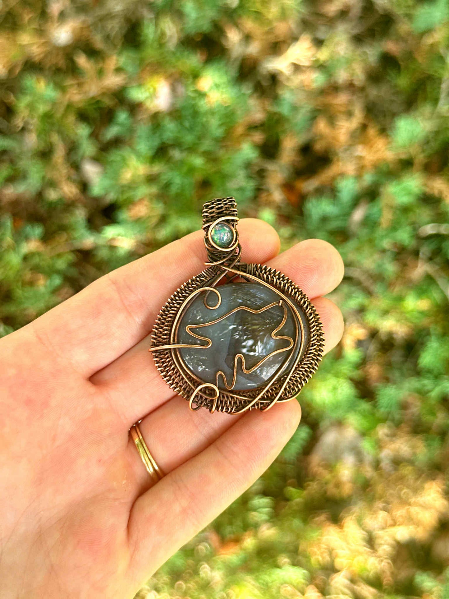 Wolf Grey Agate & Opal Crystal Copper Pendant