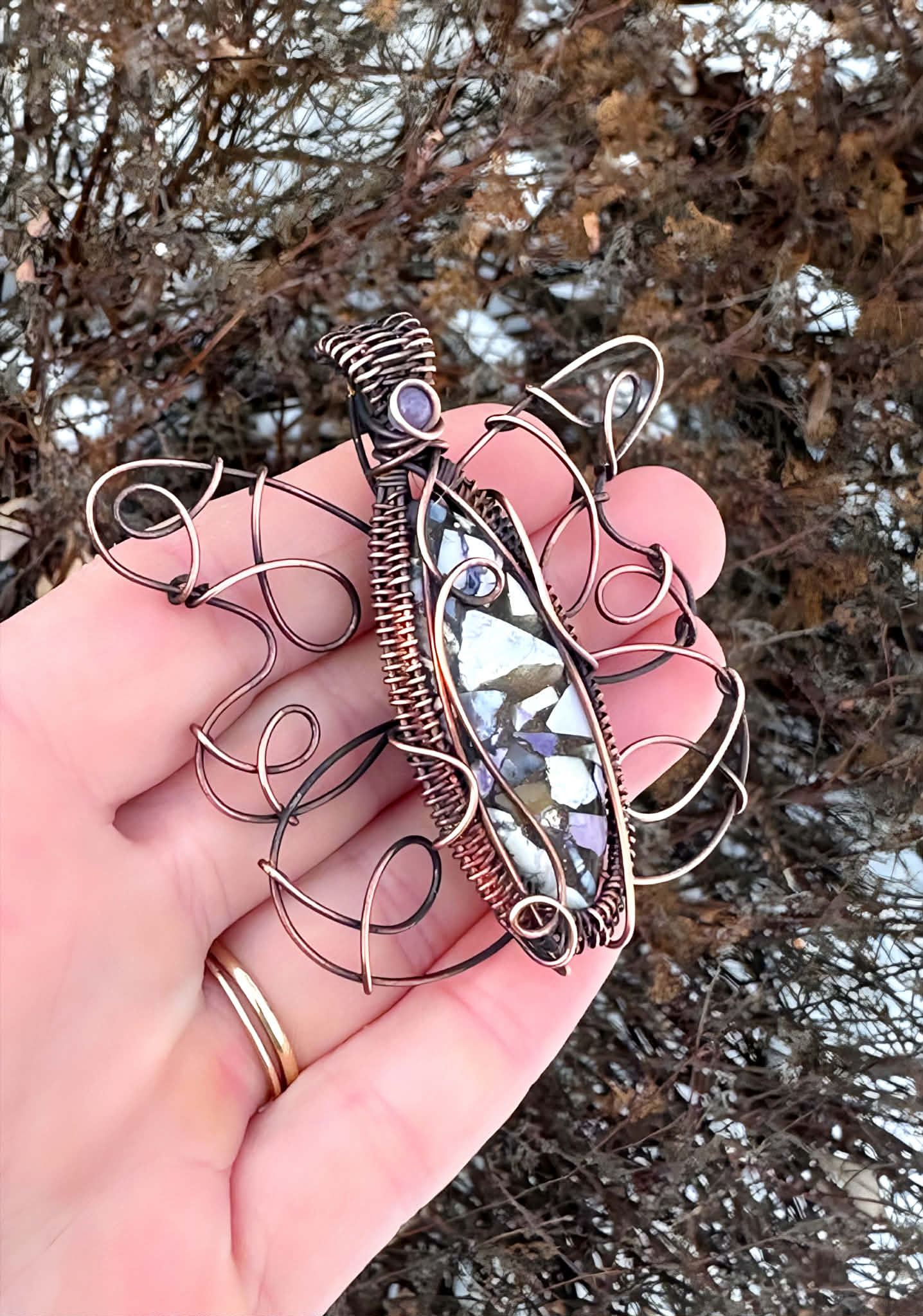 Butterfly Tiffany Copper & Amethyst Accent Crystal Copper Pendant
