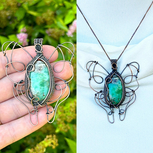 Luna Moth Chrysoprase Crystal Copper Pendant