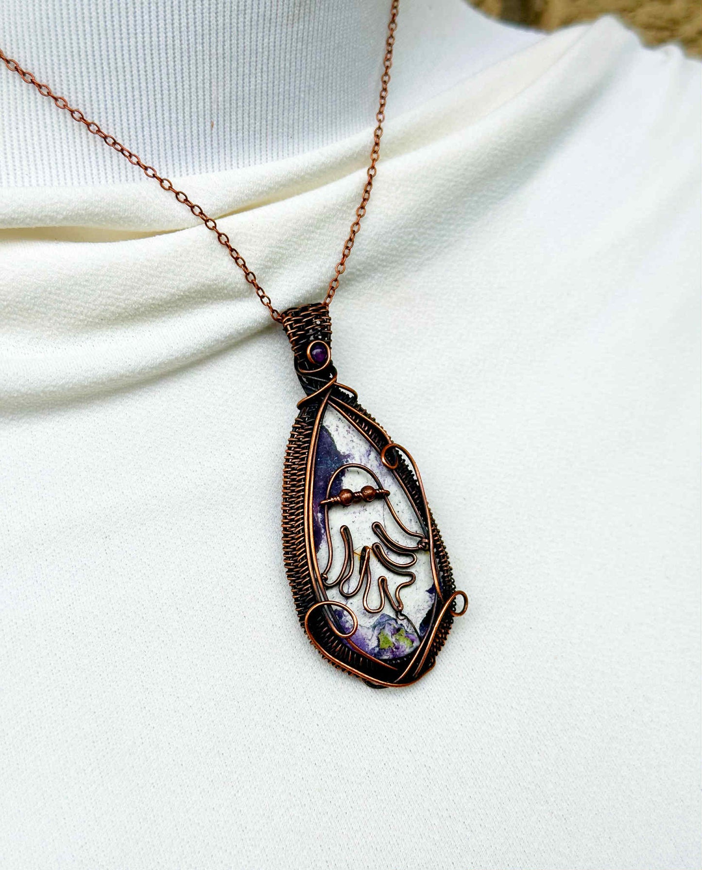 Ghost Kammerite & Amethyst Crystal Copper Pendant