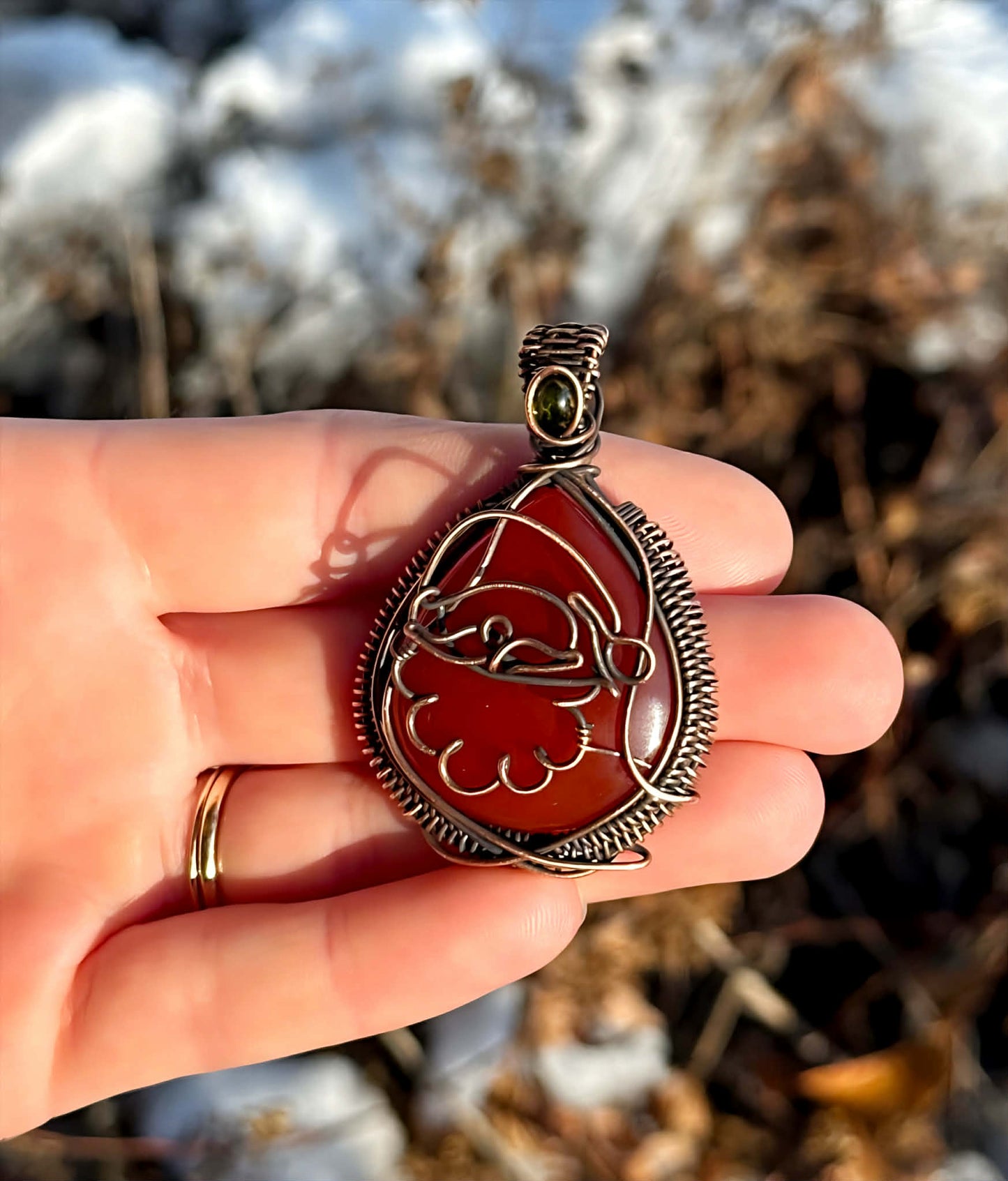 Santa Claus Red Onyx & Green Tourmaline Accent Crystal Copper Pendant
