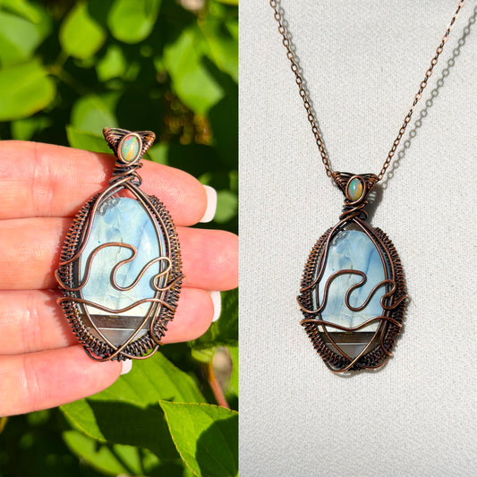 Wave Blue Opal with Opal Accent Crystal Copper Pendant