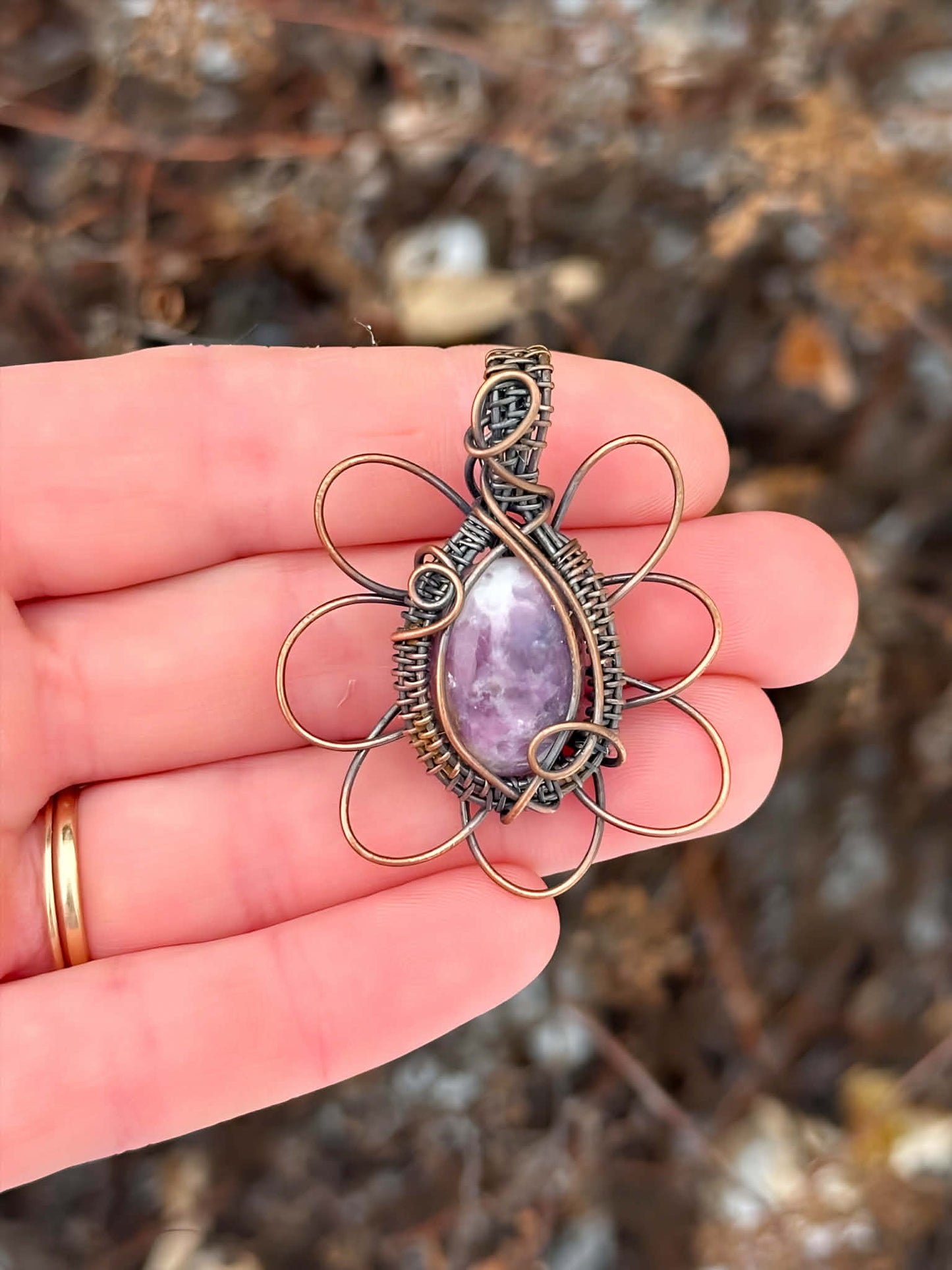 Daisy Lepidolite & Clear Quartz Crystal Copper Pendant