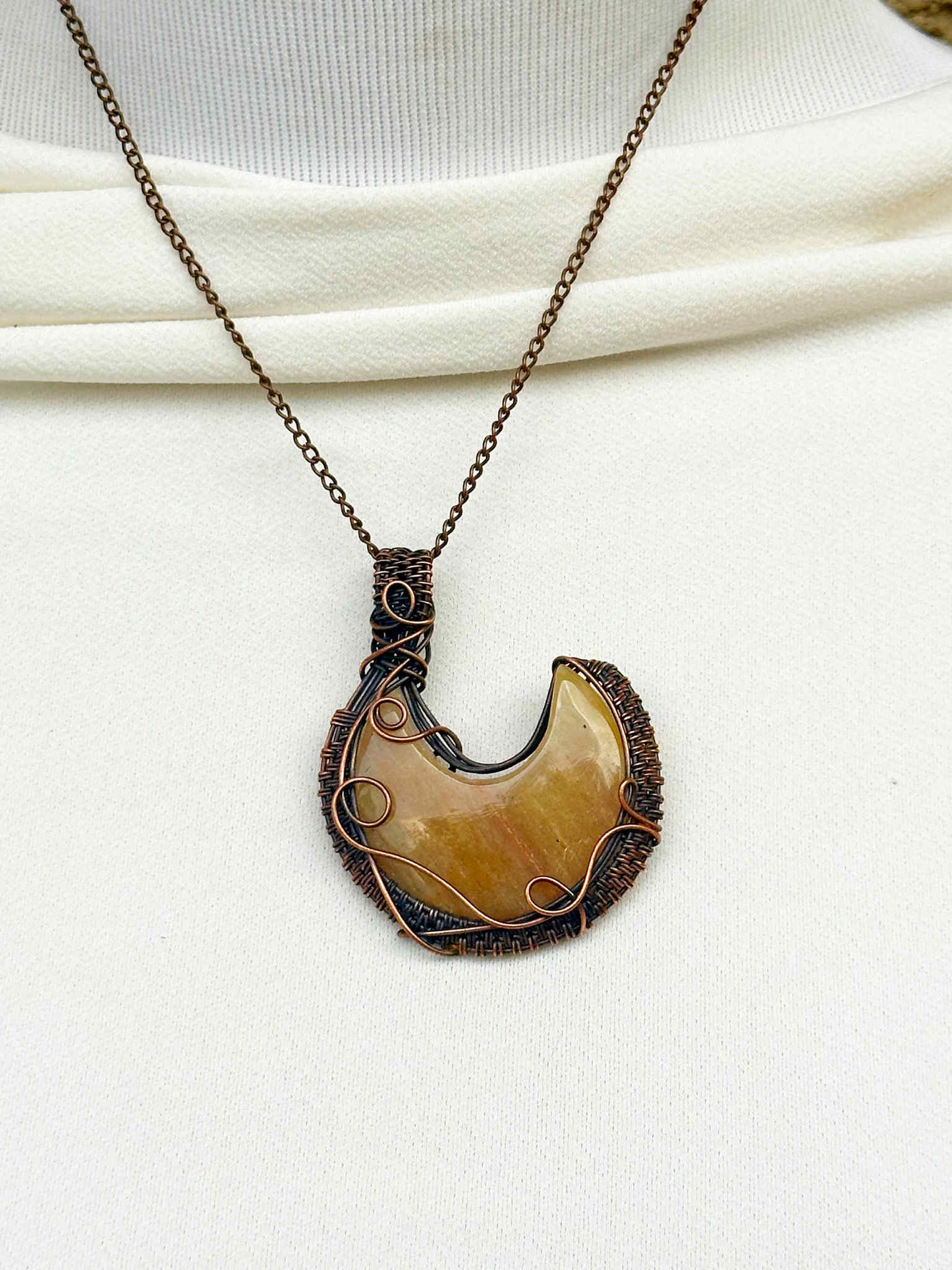 Crescent Moon Chalcedony Crystal Copper Pendant