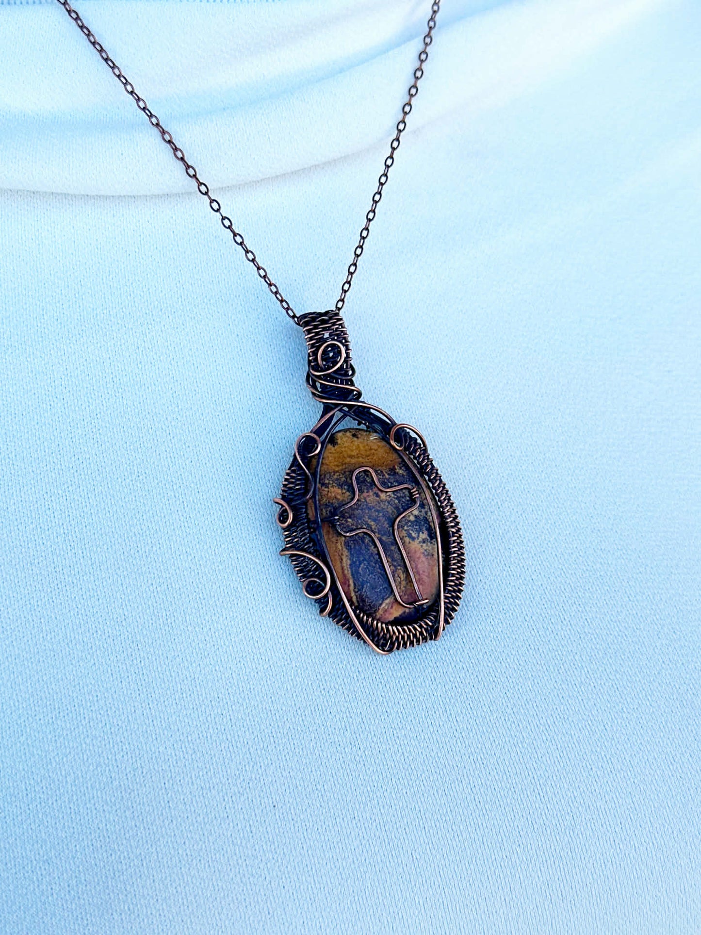 Cross Pictured Jasper Crystal Copper Pendant