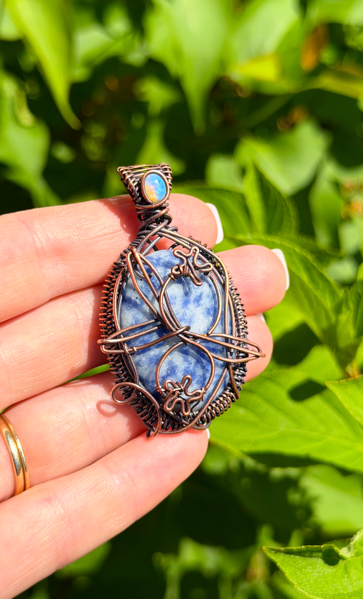 Blueberry Blue Spotted Jasper with Opal Accent Crystal Copper Pendant