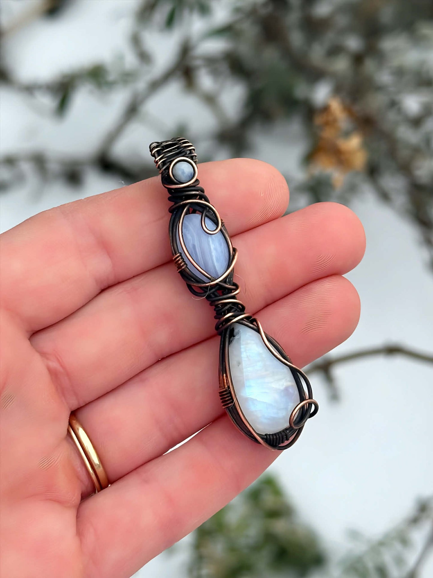 Triple Blue Lace Agate & Rainbow Moonstone with White Jade Accent Crystal Copper Pendant