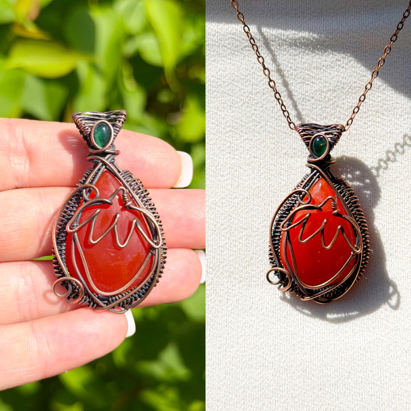 Strawberry Red Onyx with Emerald Accent Crystal Copper Pendant