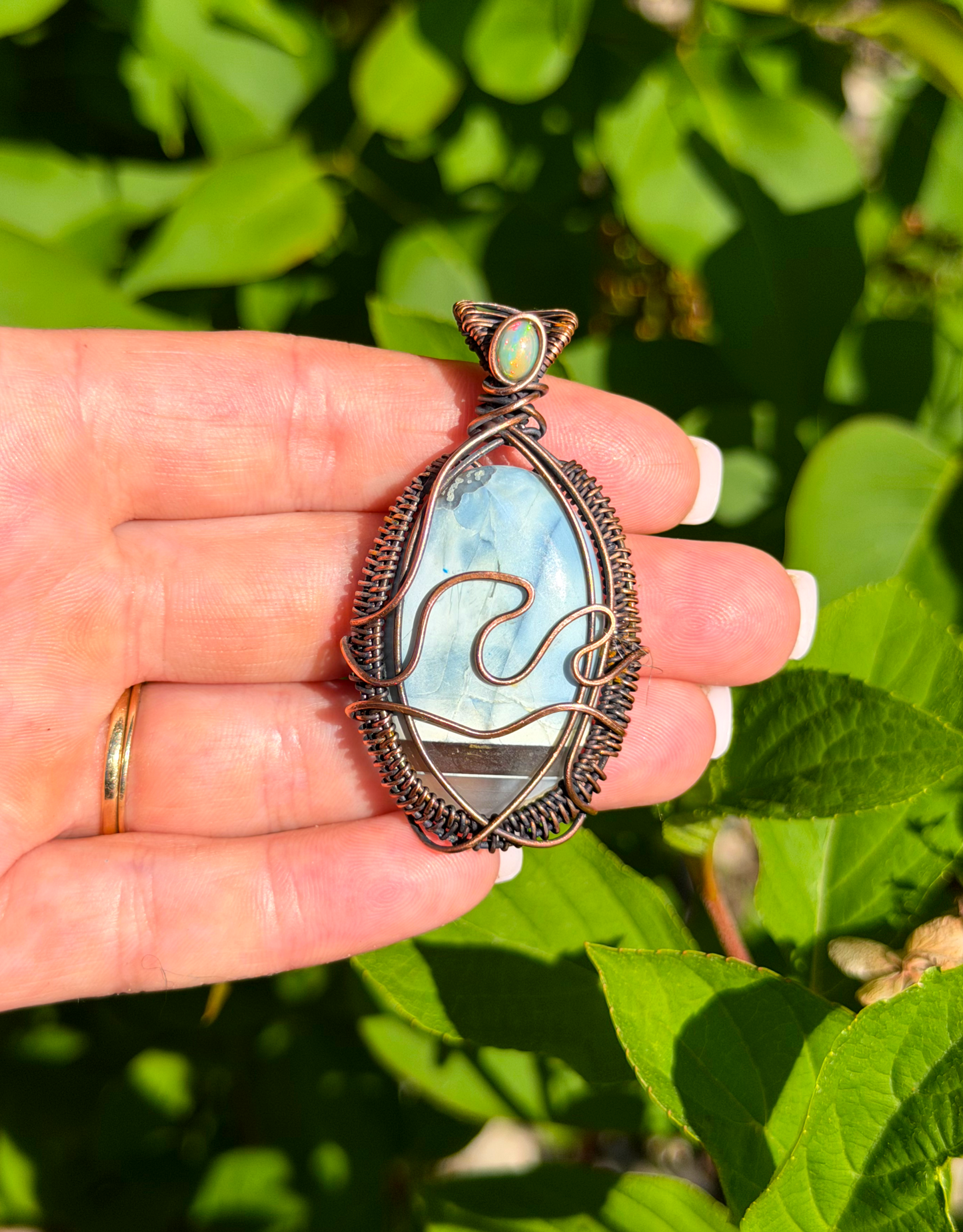 Wave Blue Opal with Opal Accent Crystal Copper Pendant