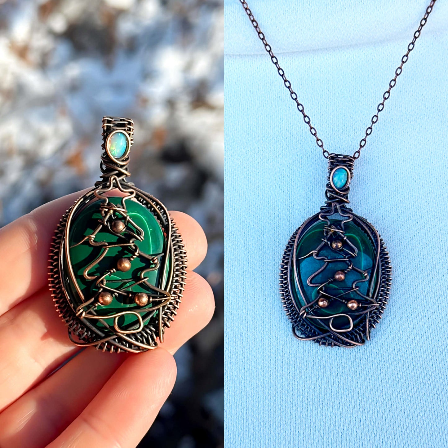 Christmas Tree Malachite & Opal Accent Crystal Copper Pendant
