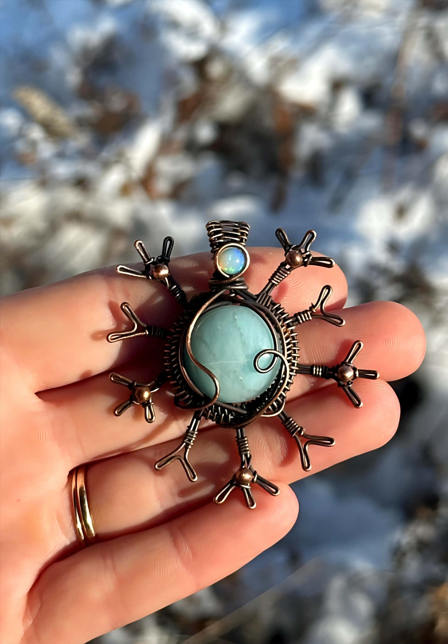Snowflake Blue Jade & Opal Crystal Copper Pendant