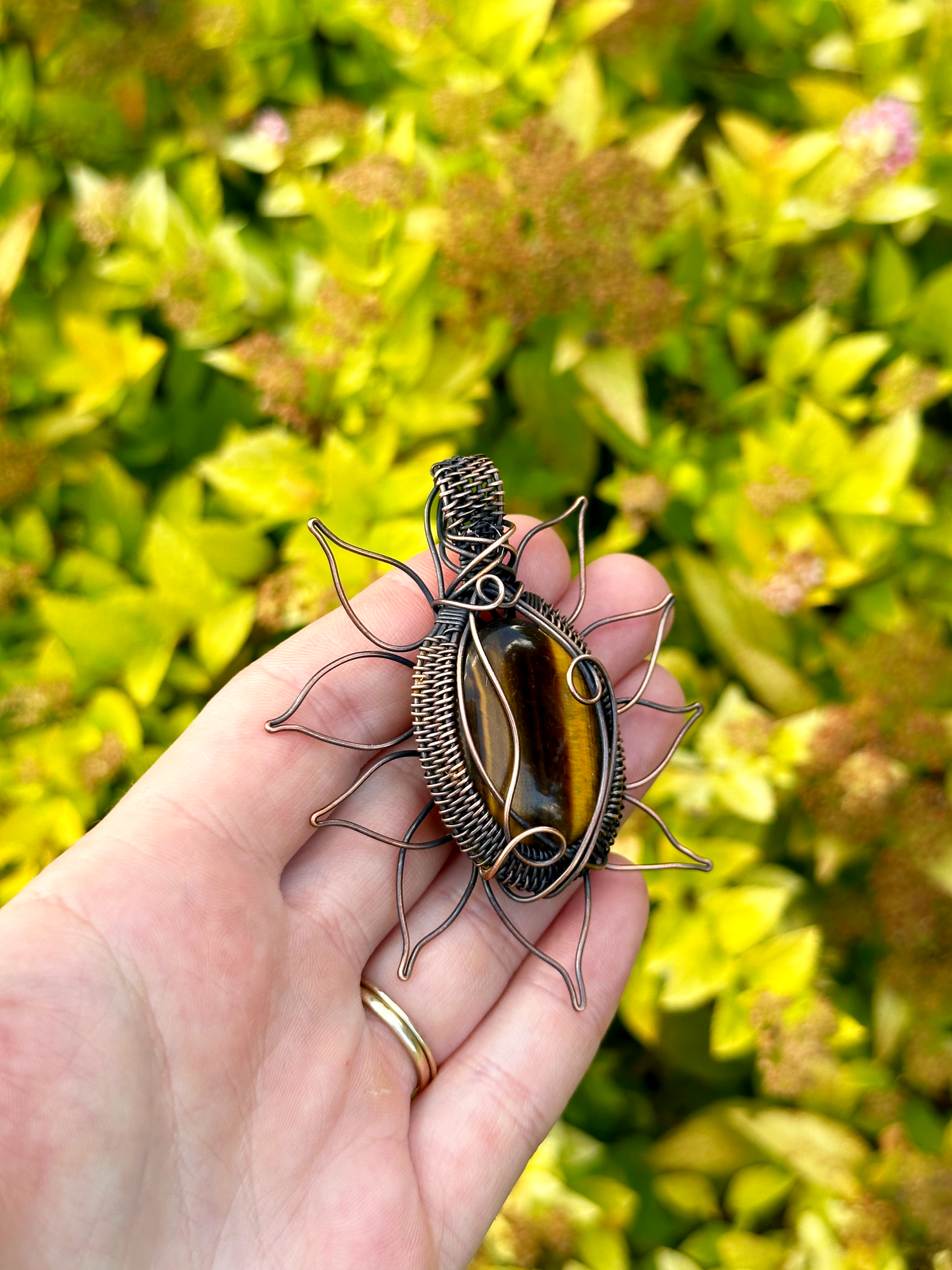 Sunflower Tigers Eye Crystal Copper Pendant