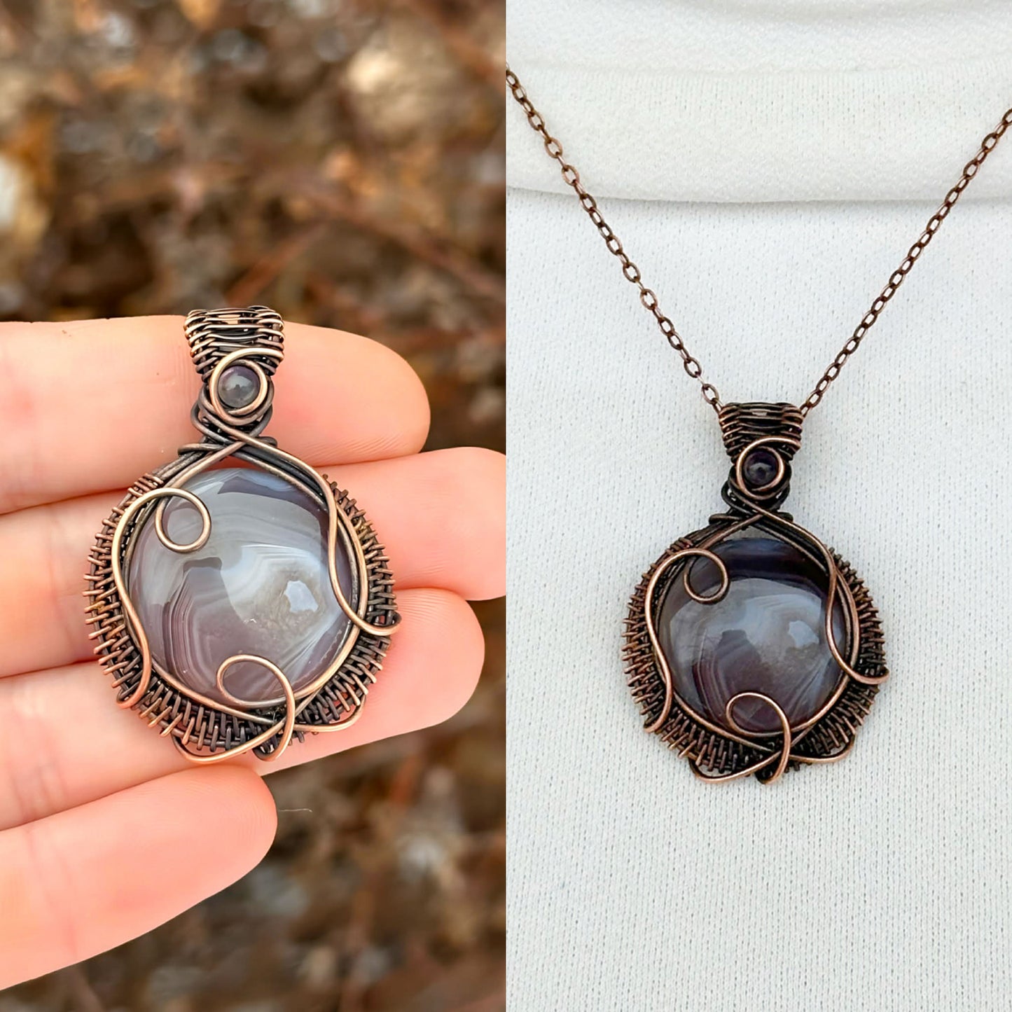 Grey Banded Agate & Clear Quartz Accent Crystal Copper Pendant