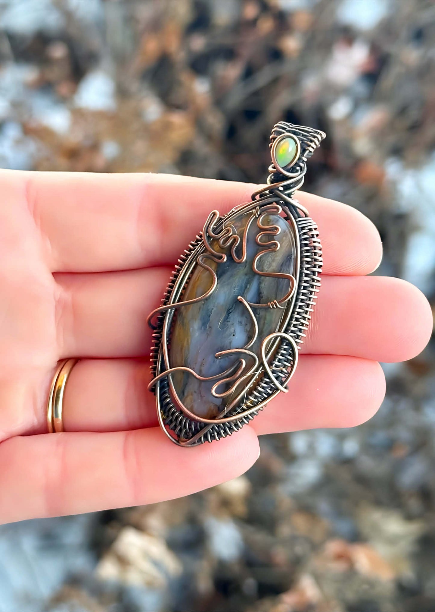 Reindeer Moss Agate & Opal Accent Crystal Copper Pendant